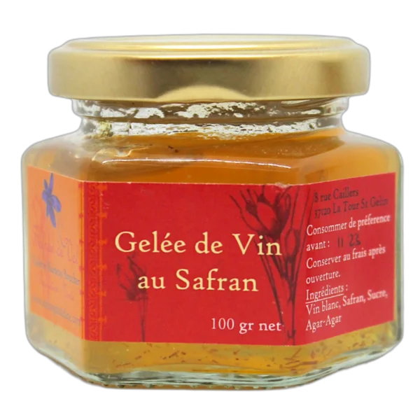 Image d'un pot transparent avec un couvercle doré. L'étiquette centrale est rouge avec des fleurs de safran ainsi que les informations principales du produit