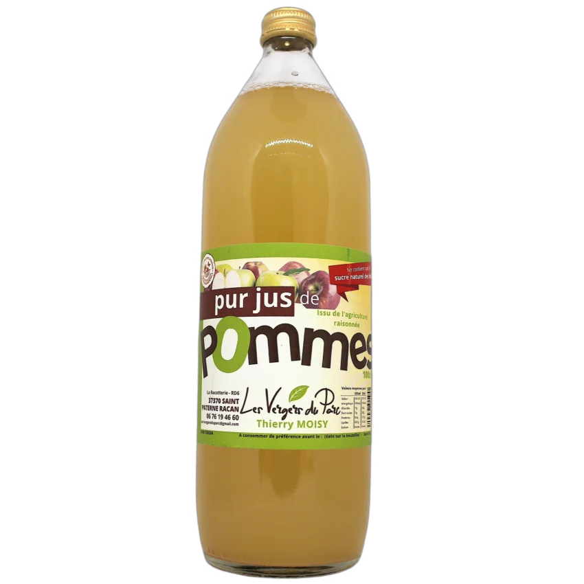 Image d'une bouteille transparente avec un bouchon doré et une étiquette centrale mettant en avant le nom de la boisson "pur jus de pommes", la marque "les vergers dru parcs" et d'autres informations importantes