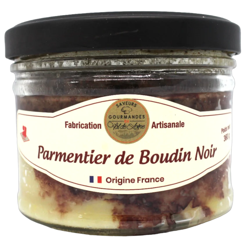 Image d'un bocal de Parmentier de boudin noir origine France avec un couvercle noir et une étiquette centrale blanche contenant le logo et les informations principales