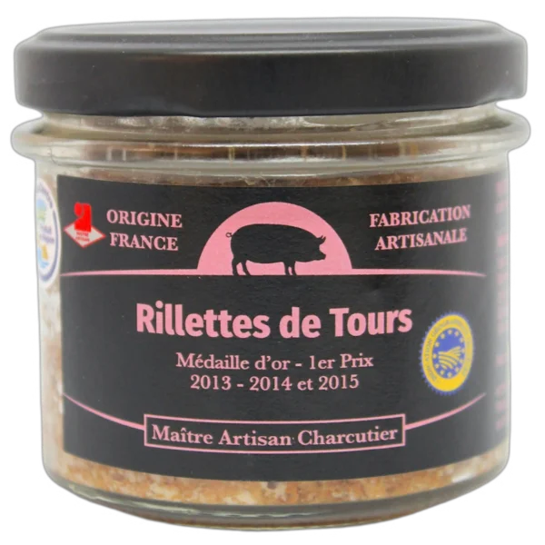 Image d'un pot avec un couvercle noir et une étiquette centrale noire et rose avec un cochon et les informations principales