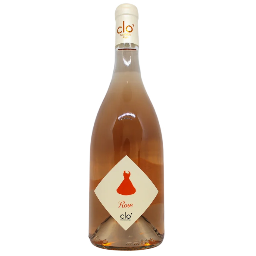 Image d'une bouteille transparente de vin rosé "robe rose" avec un collier blanc et une étiquette blanche et rouge accompagnée d'une robe