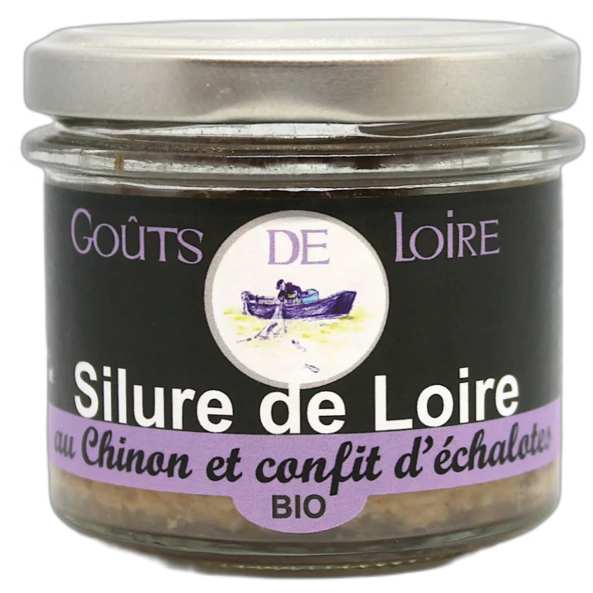 Image d'une terrine avec couvercle gris et une étiquette noire blanche et violette contenant le logo de "Goûts de la Loire" ainsi que le nom du produit