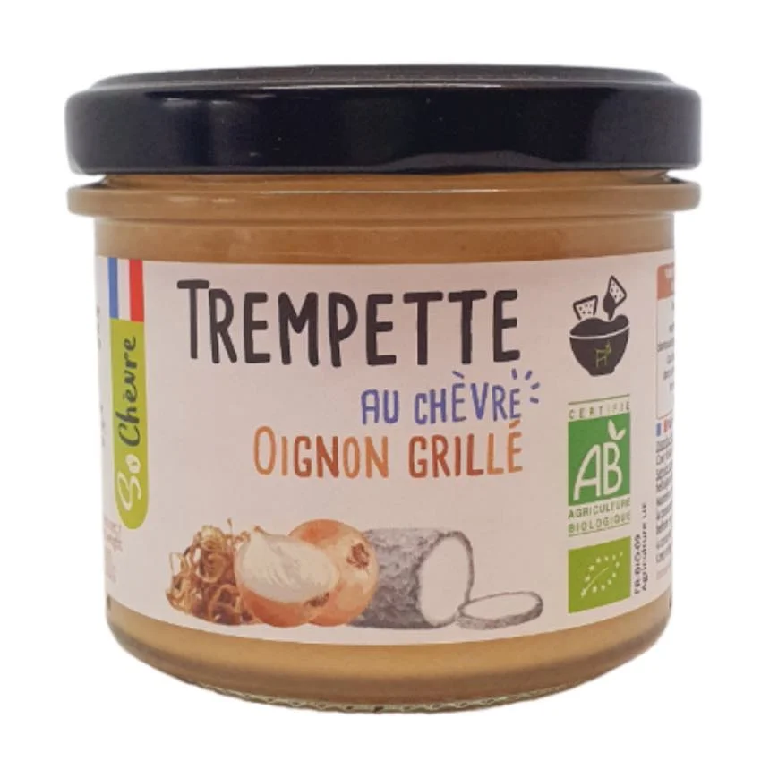 image d'un petit pot de trempette au chèvre oignon grillé avec un couvercle noir et une étiquette centrale avec le nom du produit, le logo du producteur et l'image de la saveur.